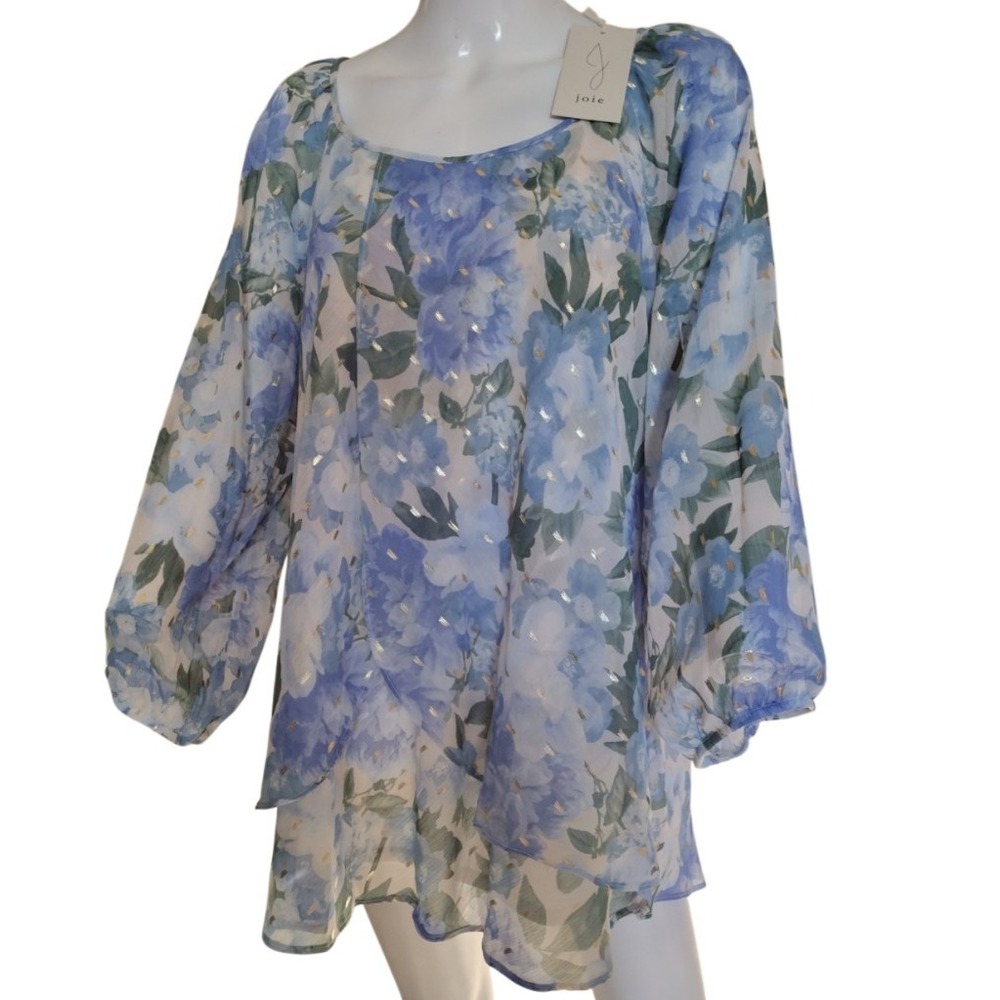 Joie Blouse Women 2XL Blue Silver Layered Chiffon Ballon‎ Long Sleeve Lined